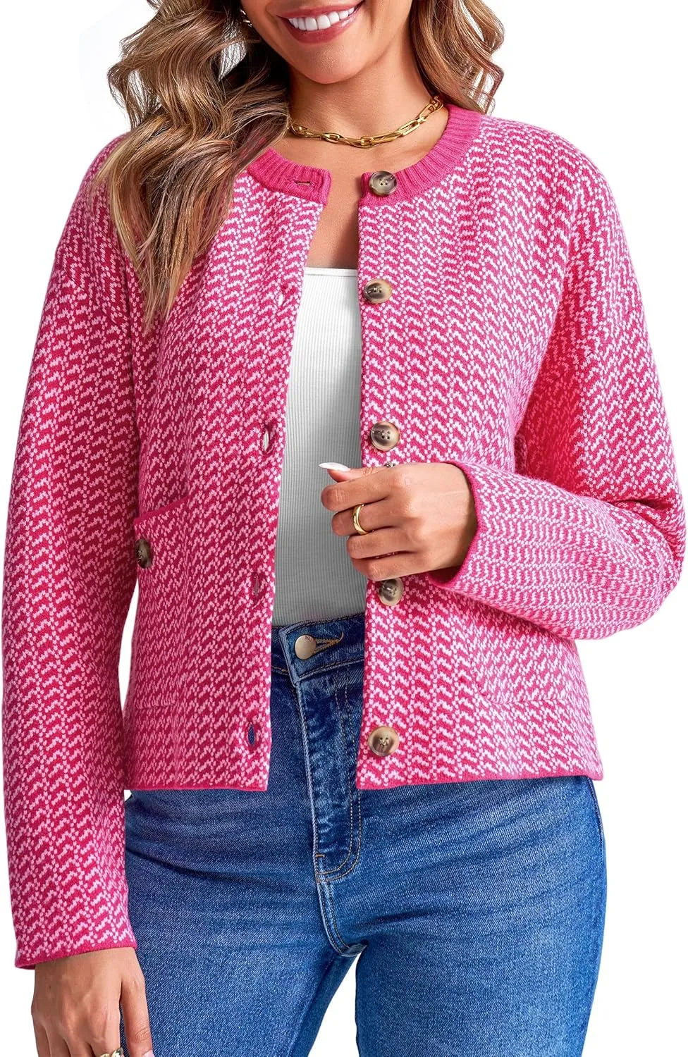 Saodimallsu Womens Cropped Knit Cardigans Fall Crewneck Button Long Sleeve Open Front Soft Sweater Jackets