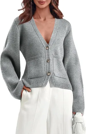 Saodimallsu Womens Deep V Neck Cardigan Sweaters Open Front Button Down Long Sleeve Cropped Knit Coats with Pockets