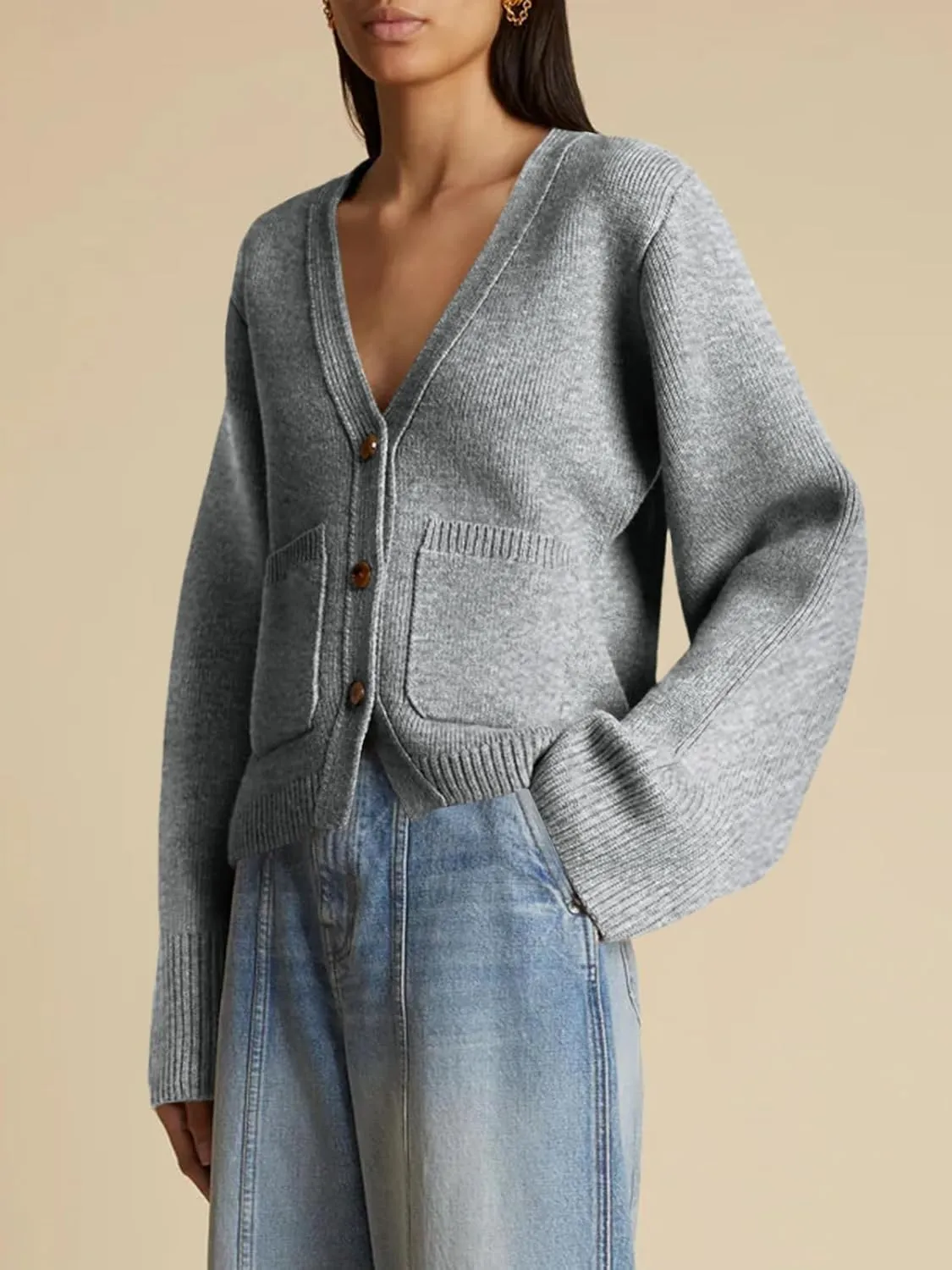 Saodimallsu Womens Deep V Neck Cardigan Sweaters Open Front Button Down Long Sleeve Cropped Knit Coats with Pockets