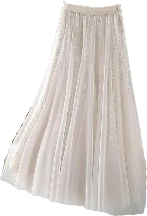 Sequined Tulle Pleated Long Skirt Women Spring Elastic Waist Fashion Elegant Mesh Skirt Large Swing Midi Skirt