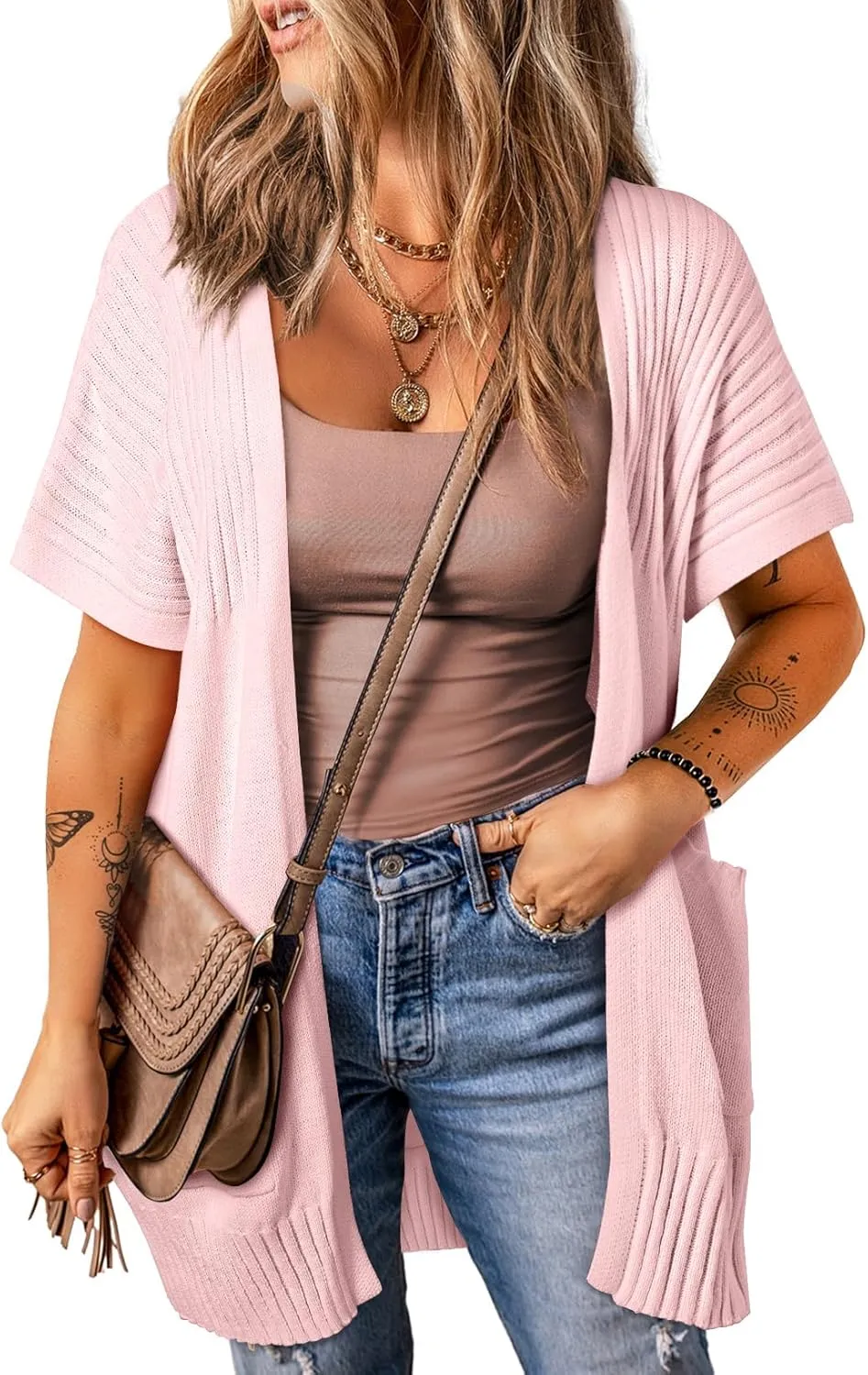 SHEWIN Cardigan Sweaters for Women Lightweight Open Front Pleated Summer Short Sleeve Cardigans Sweater