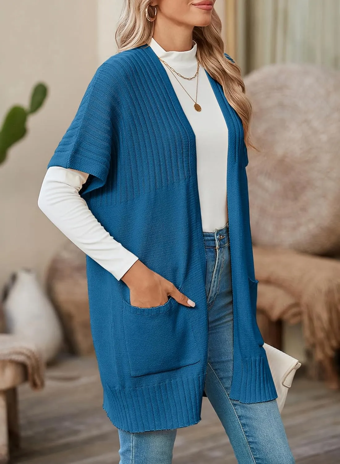 SHEWIN Cardigan Sweaters for Women Lightweight Open Front Pleated Summer Short Sleeve Cardigans Sweater