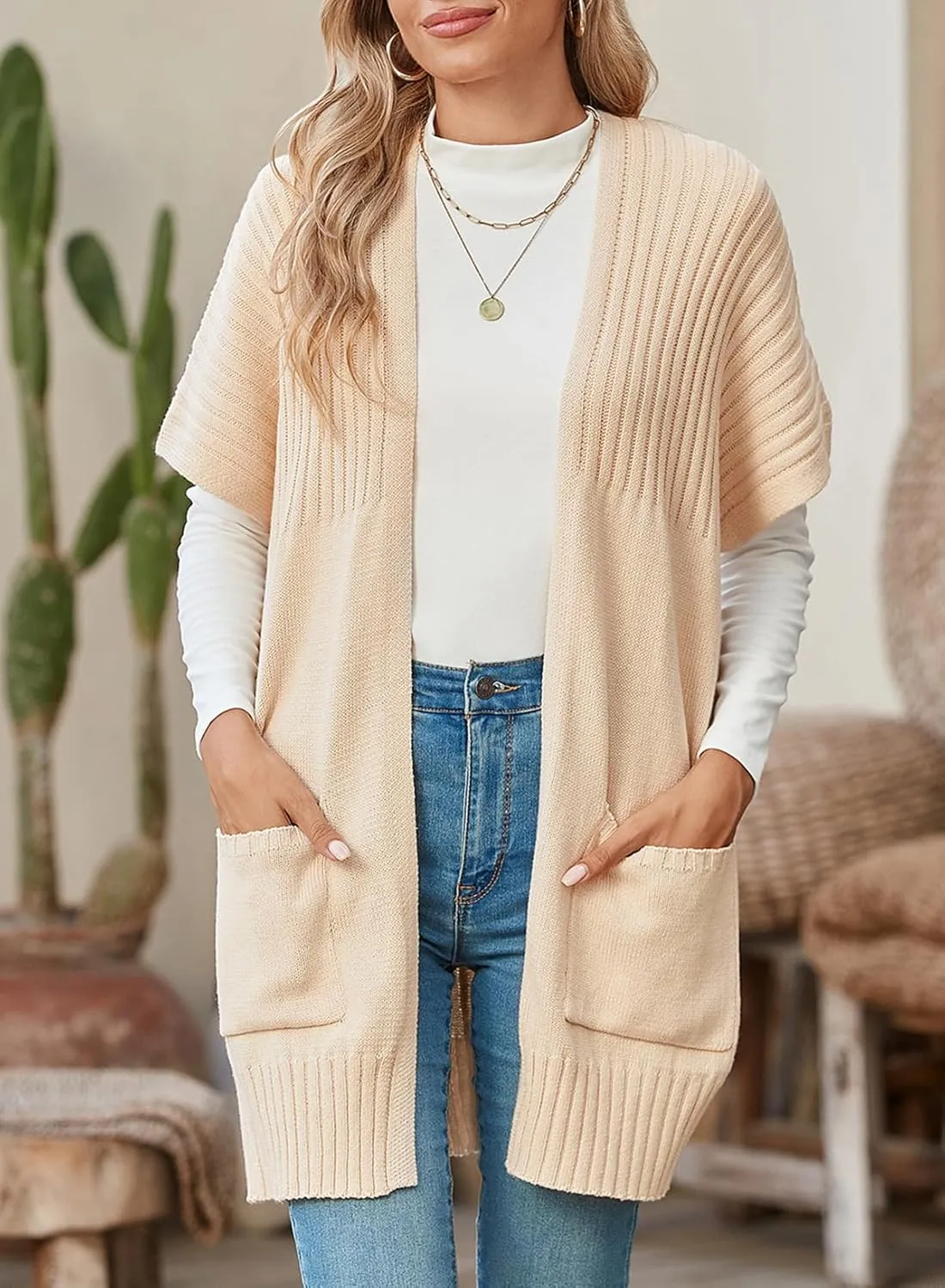 SHEWIN Cardigan Sweaters for Women Lightweight Open Front Pleated Summer Short Sleeve Cardigans Sweater