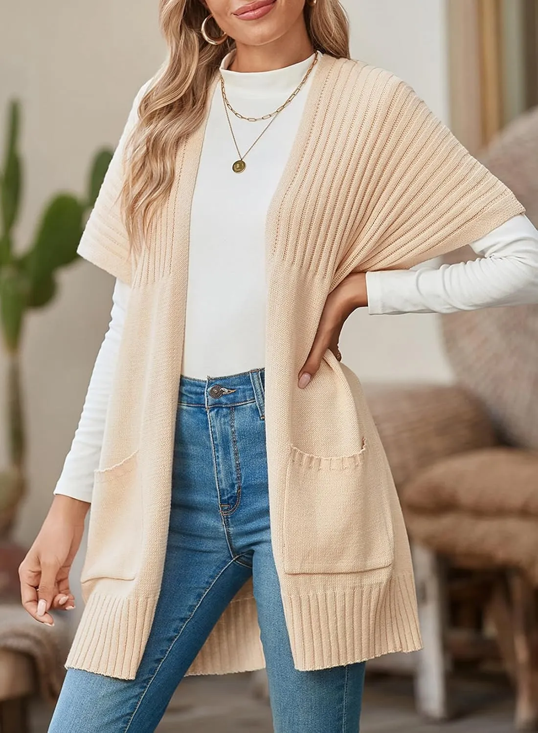 SHEWIN Cardigan Sweaters for Women Lightweight Open Front Pleated Summer Short Sleeve Cardigans Sweater