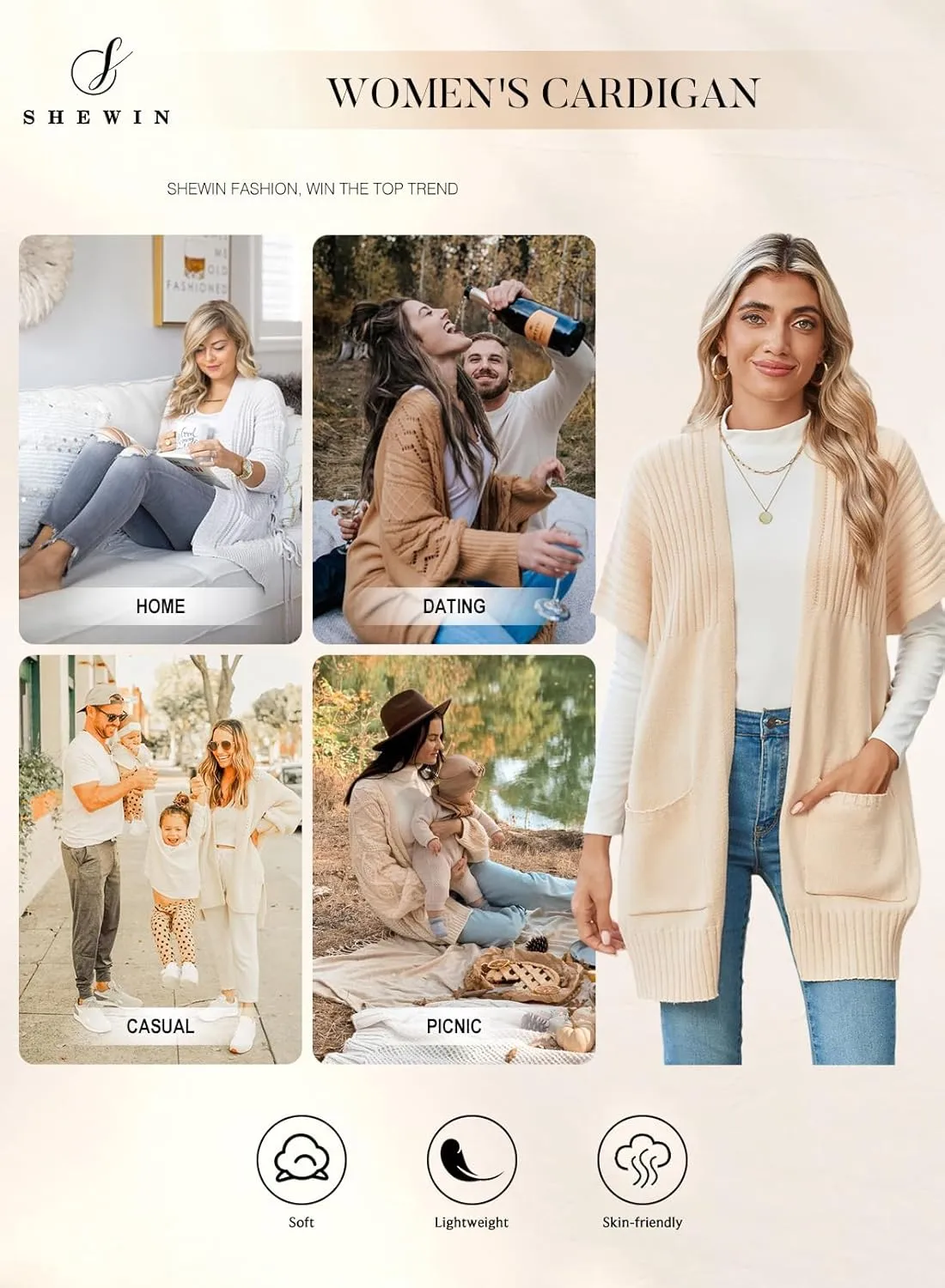SHEWIN Cardigan Sweaters for Women Lightweight Open Front Pleated Summer Short Sleeve Cardigans Sweater