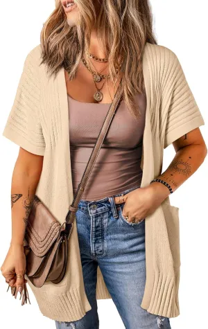 SHEWIN Cardigan Sweaters for Women Lightweight Open Front Pleated Summer Short Sleeve Cardigans Sweater