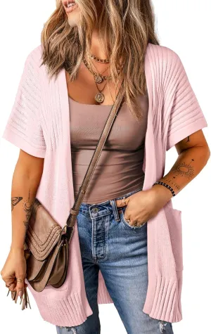 SHEWIN Cardigan Sweaters for Women Lightweight Open Front Pleated Summer Short Sleeve Cardigans Sweater