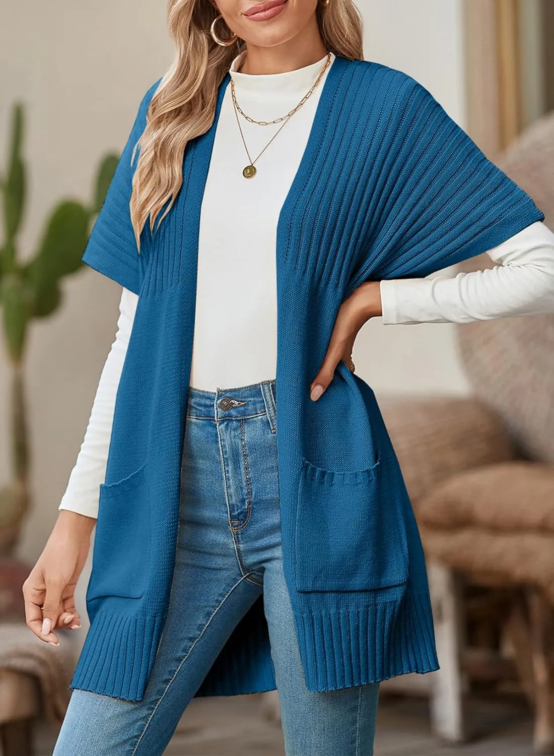 SHEWIN Cardigan Sweaters for Women Lightweight Open Front Pleated Summer Short Sleeve Cardigans Sweater