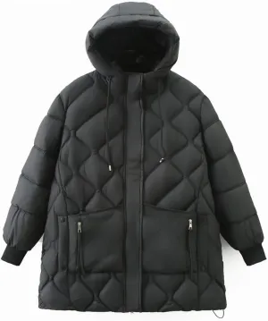 Simple Zipper Pocket Hooded Parkas Women Winter Down Cotton Padded Coat Thermal Wadded Jacket