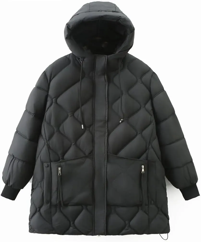 Simple Zipper Pocket Hooded Parkas Women Winter Down Cotton Padded Coat Thermal Wadded Jacket