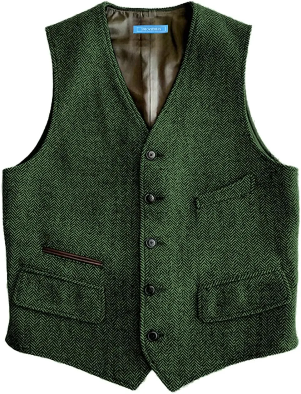SOLOVEDRESS Mens Vintage Classic Herringbone Pattern Suit Vest V Neck Casual Wool Blend Waistcoat for Men