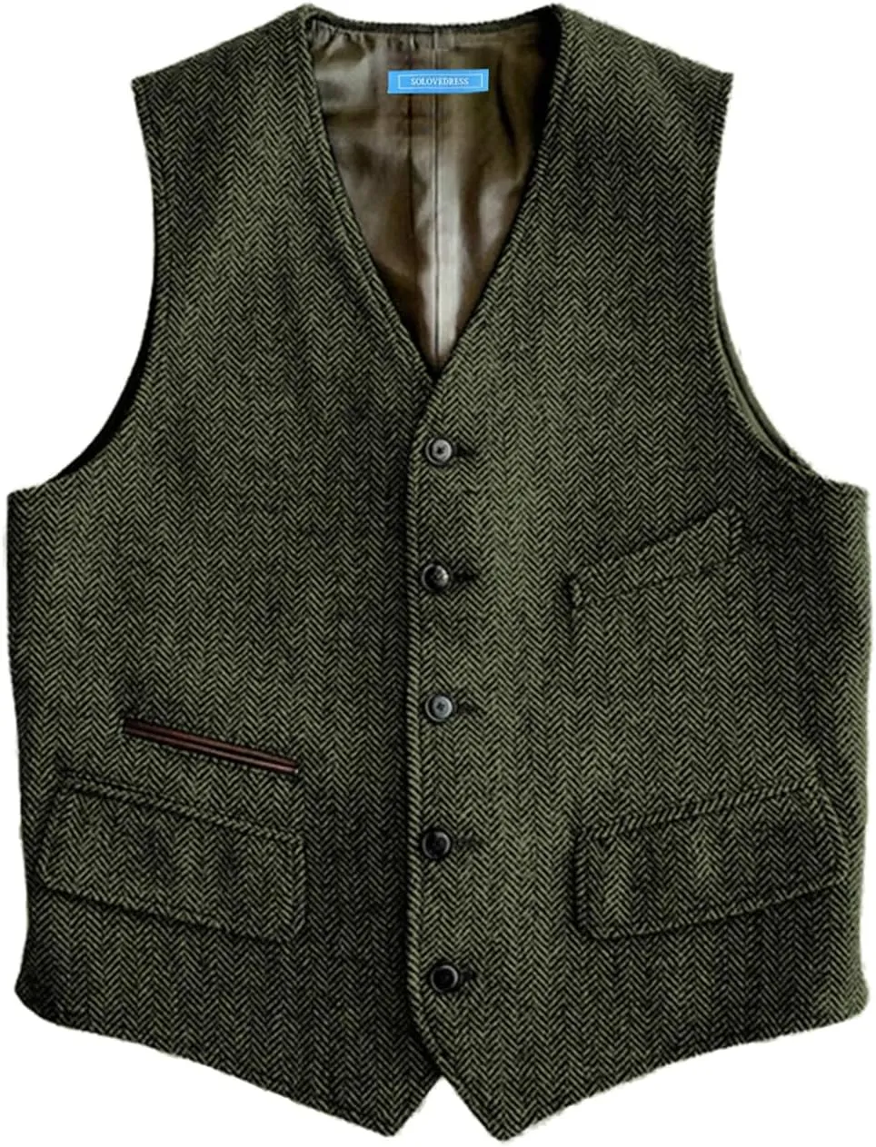 SOLOVEDRESS Mens Vintage Classic Herringbone Pattern Suit Vest V Neck Casual Wool Blend Waistcoat for Men