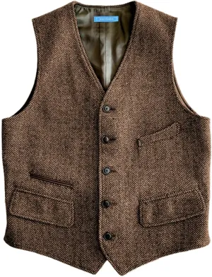 SOLOVEDRESS Mens Vintage Classic Herringbone Pattern Suit Vest V Neck Casual Wool Blend Waistcoat for Men