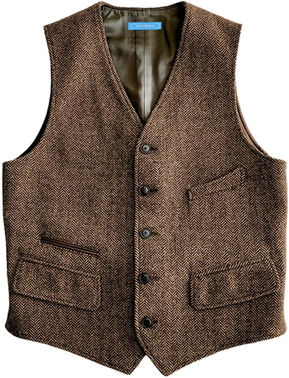 SOLOVEDRESS Mens Vintage Classic Herringbone Pattern Suit Vest V Neck Casual Wool Blend Waistcoat for Men
