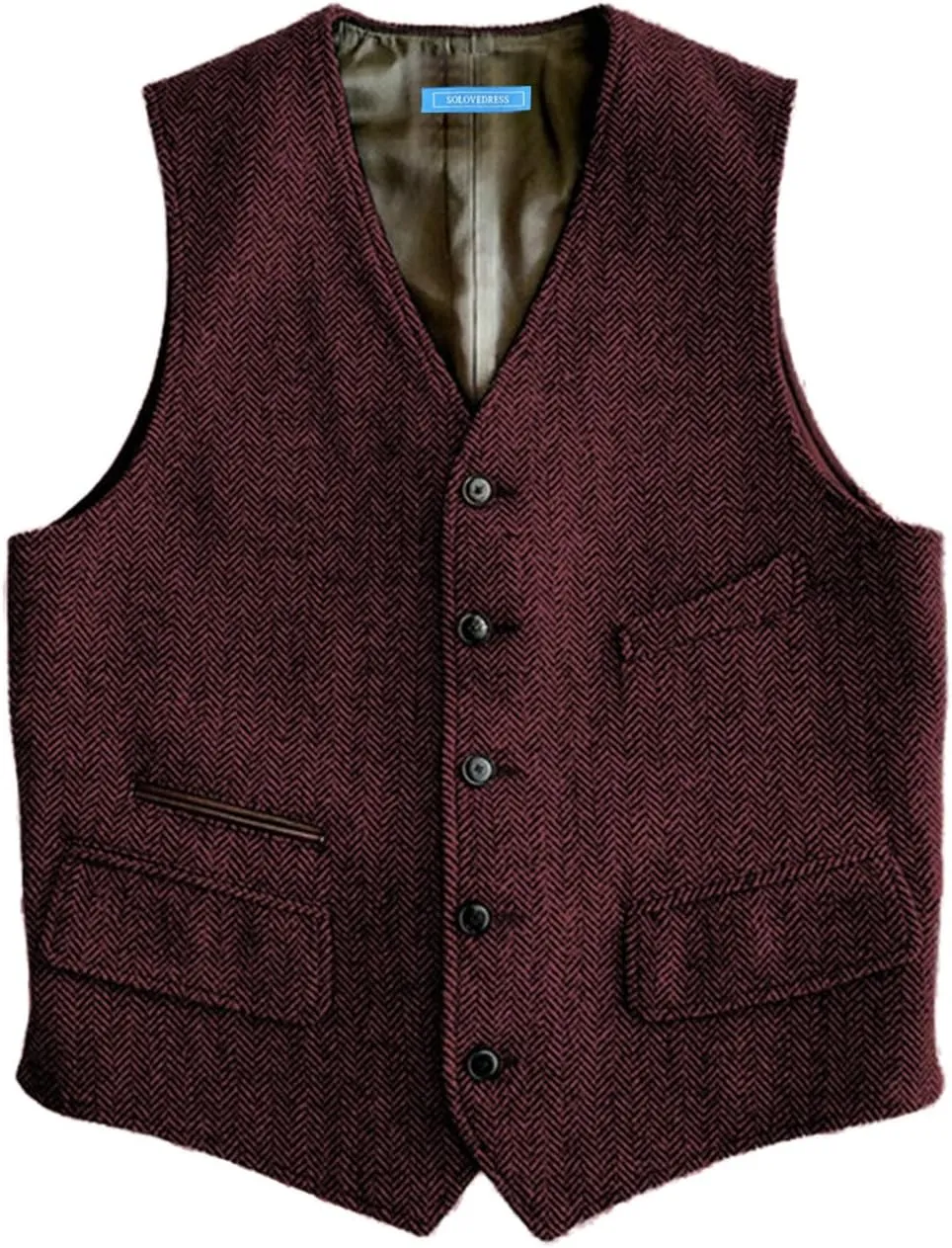 SOLOVEDRESS Mens Vintage Classic Herringbone Pattern Suit Vest V Neck Casual Wool Blend Waistcoat for Men