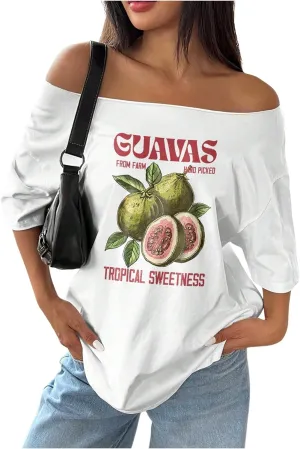 SOLY HUX Women's Graphic Tees Off The Shoulder Short Sleeve Oversized T Shirt Vintage Summer Tops