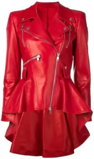 SpazeUp Women's Peplum Leather Jacket - Womens Lambskin Leather Peplum Jacket Red Black