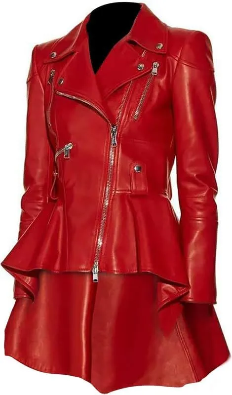 SpazeUp Women's Peplum Leather Jacket - Womens Lambskin Leather Peplum Jacket Red Black