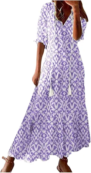 Summer Beach Dresses for Women Trendy Floral Printed Short Sleeve V Neck Maxi Dress Elegant Ladies Vacation Dress