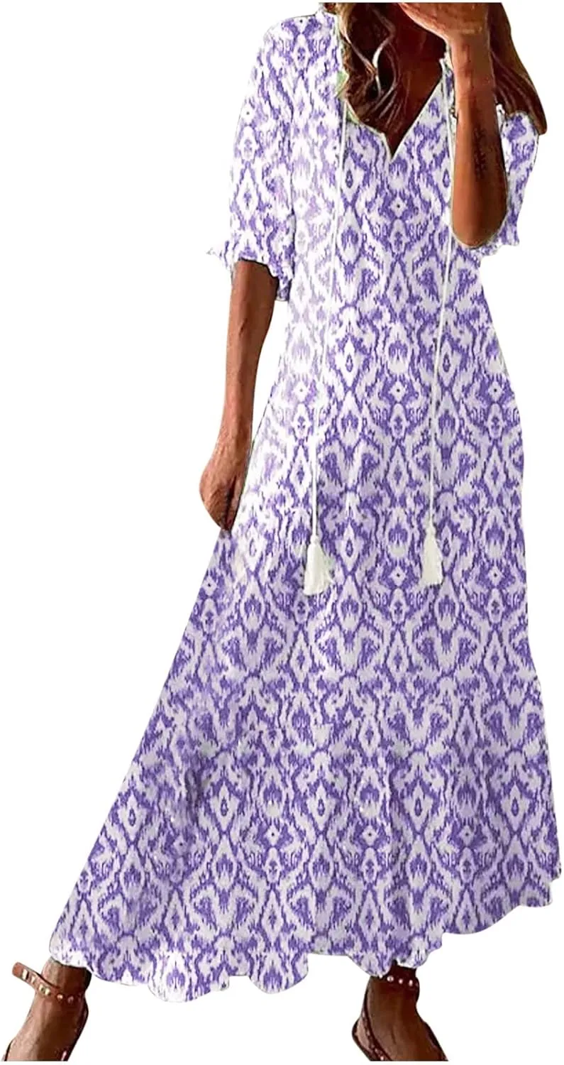 Summer Beach Dresses for Women Trendy Floral Printed Short Sleeve V Neck Maxi Dress Elegant Ladies Vacation Dress