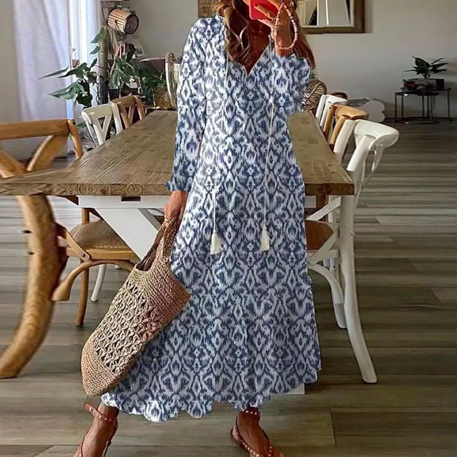 Summer Beach Dresses for Women Trendy Floral Printed Short Sleeve V Neck Maxi Dress Elegant Ladies Vacation Dress