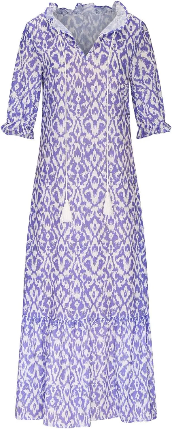 Summer Beach Dresses for Women Trendy Floral Printed Short Sleeve V Neck Maxi Dress Elegant Ladies Vacation Dress