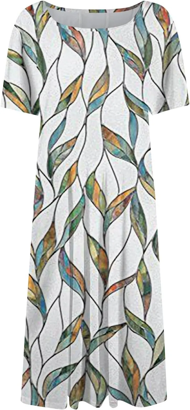 Summer Dresses for Women 2025 Casual Short Sleeve Round Neck Midi Dresses Elegant Pleated A Line Empire Waist Dress