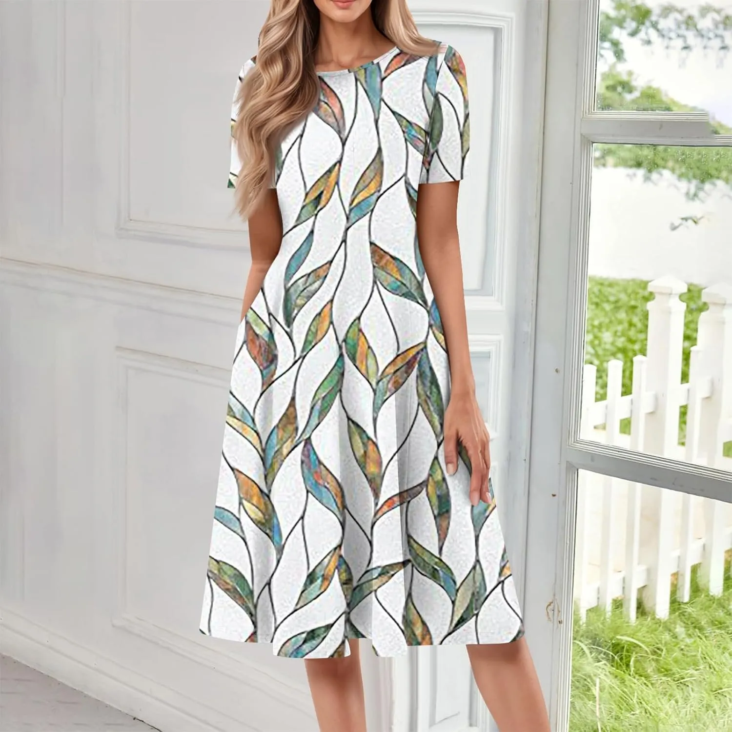 Summer Dresses for Women 2025 Casual Short Sleeve Round Neck Midi Dresses Elegant Pleated A Line Empire Waist Dress