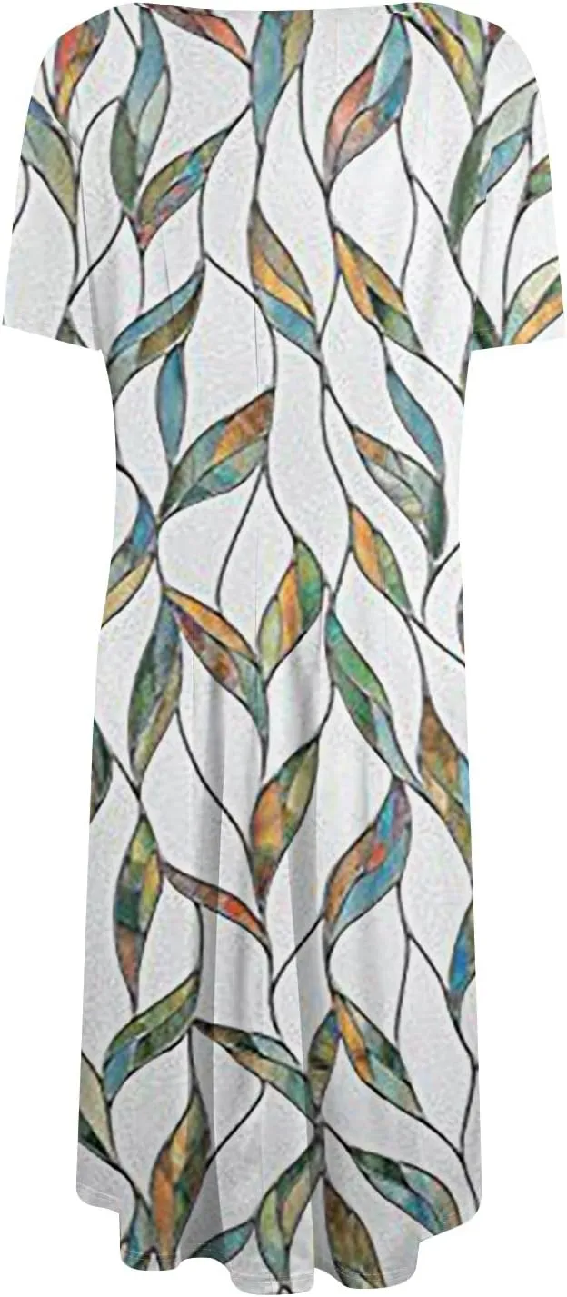 Summer Dresses for Women 2025 Casual Short Sleeve Round Neck Midi Dresses Elegant Pleated A Line Empire Waist Dress
