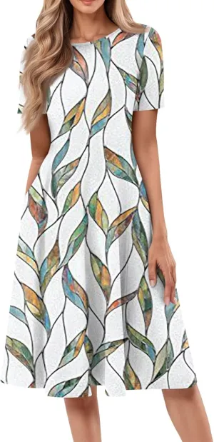 Summer Dresses for Women 2025 Casual Short Sleeve Round Neck Midi Dresses Elegant Pleated A Line Empire Waist Dress