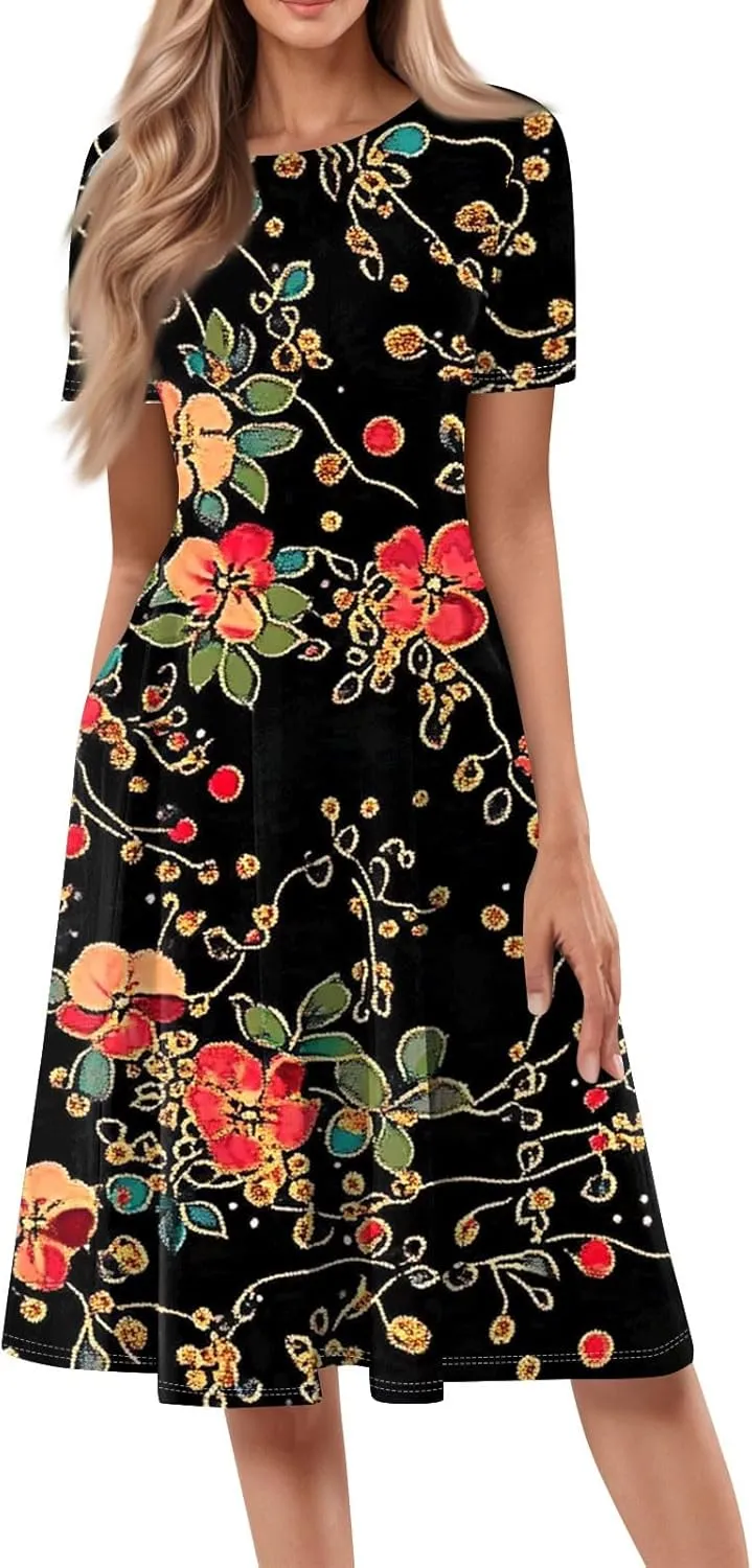 Summer Dresses for Women 2025 Midi Short Sleeve Round Neck Dresses Elegant Pleated with Pocket Flower Print Dress