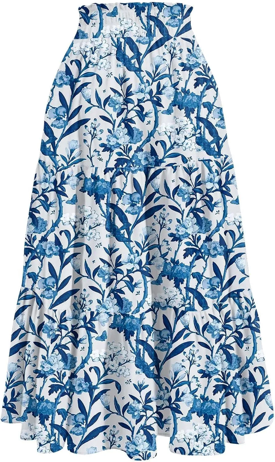 Summer Maxi Skirts for Women 2025 Boho Drawstring Elastic High Waist Long Skirts A Line Floral Pleated Tiered Skirt