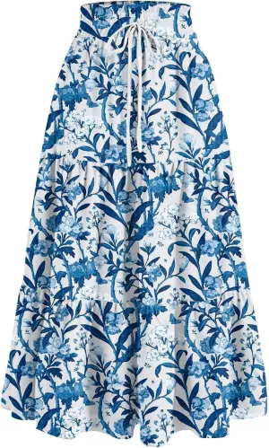 Summer Maxi Skirts for Women 2025 Boho Drawstring Elastic High Waist Long Skirts A Line Floral Pleated Tiered Skirt