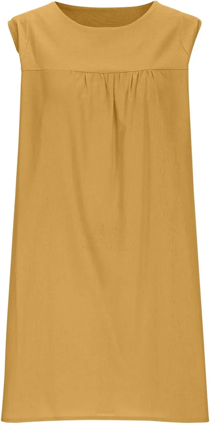 Sun Dresses for Women 2025 Vacation Summer Round Neck Sleeveless Tank Dress Cotton Linen Coverup Mini Dress