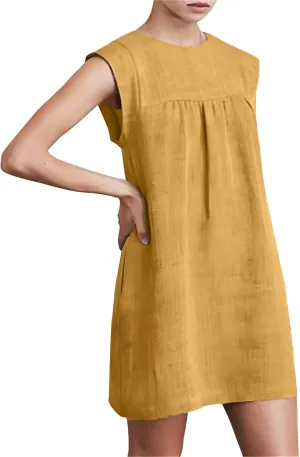 Sun Dresses for Women 2025 Vacation Summer Round Neck Sleeveless Tank Dress Cotton Linen Coverup Mini Dress