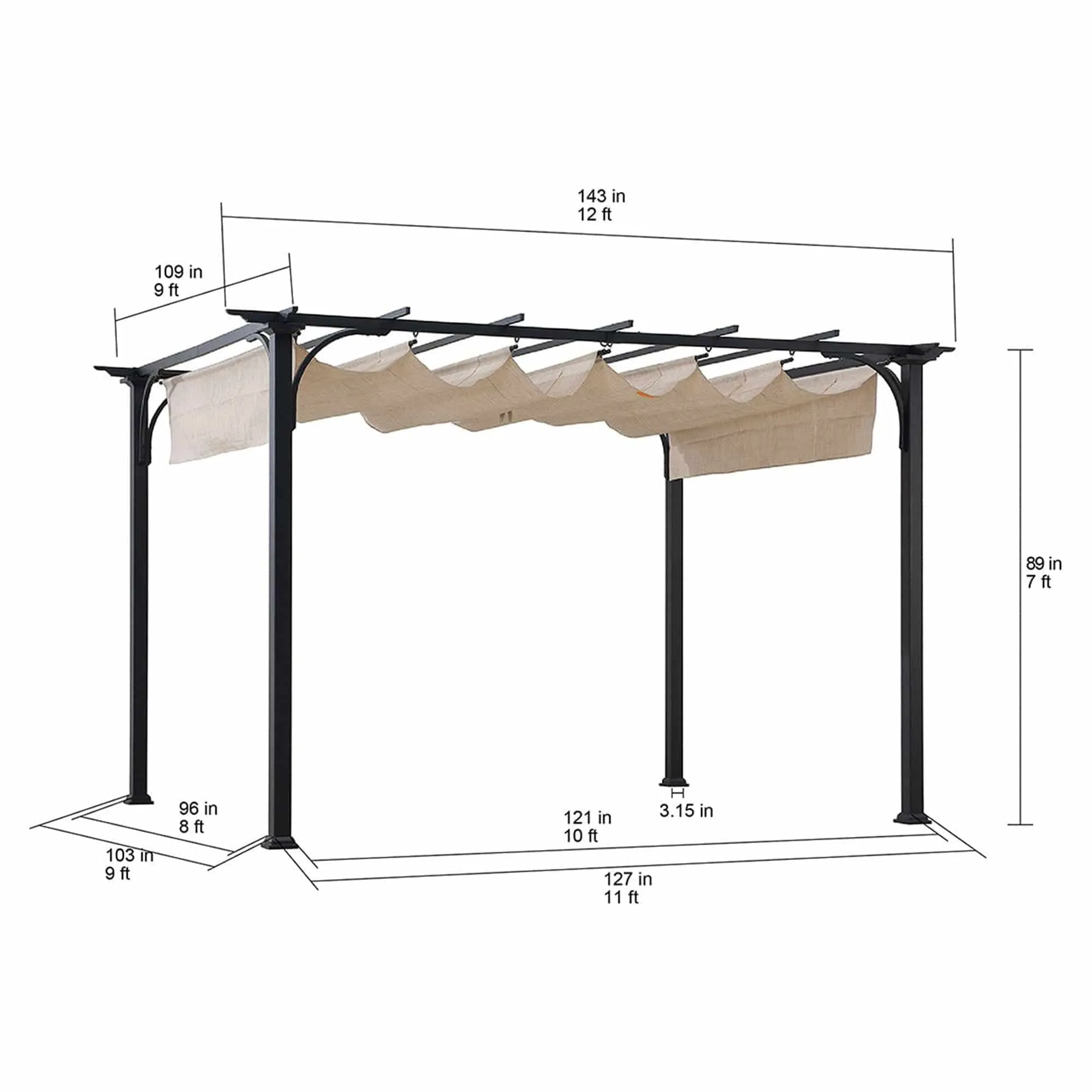 SUNJOY 9x12 Black Steel Frame Pergola Kit with Retractable Beige Canopy Shade