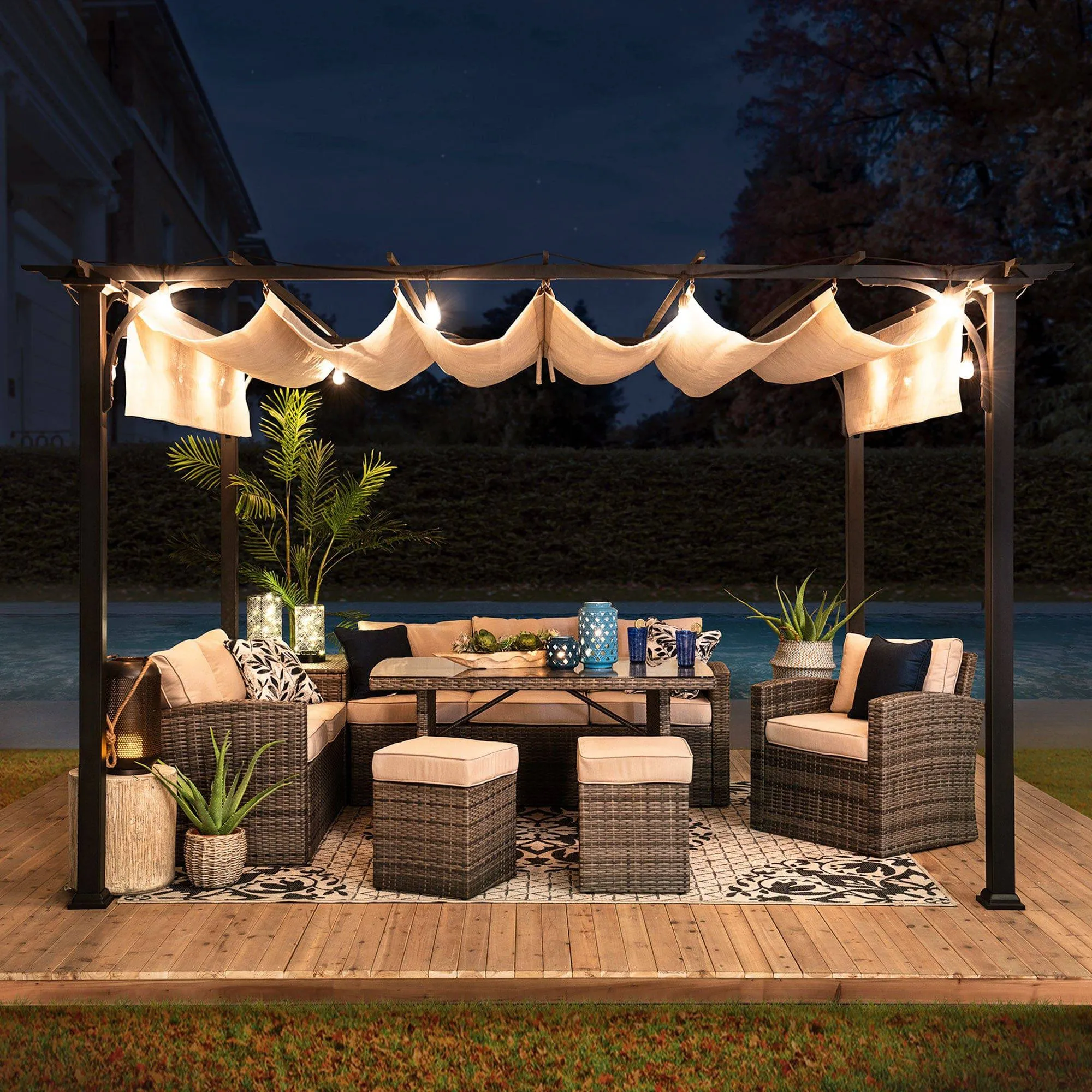 SUNJOY 9x12 Black Steel Frame Pergola Kit with Retractable Beige Canopy Shade