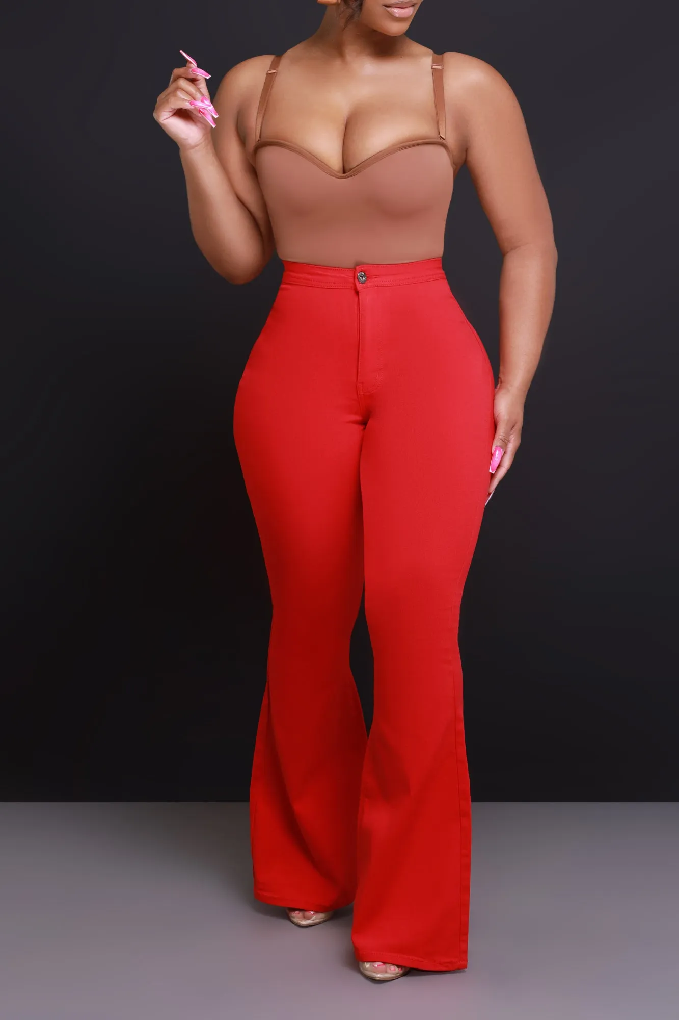 Super Swank High Rise Flare Stretchy Jeans - Red