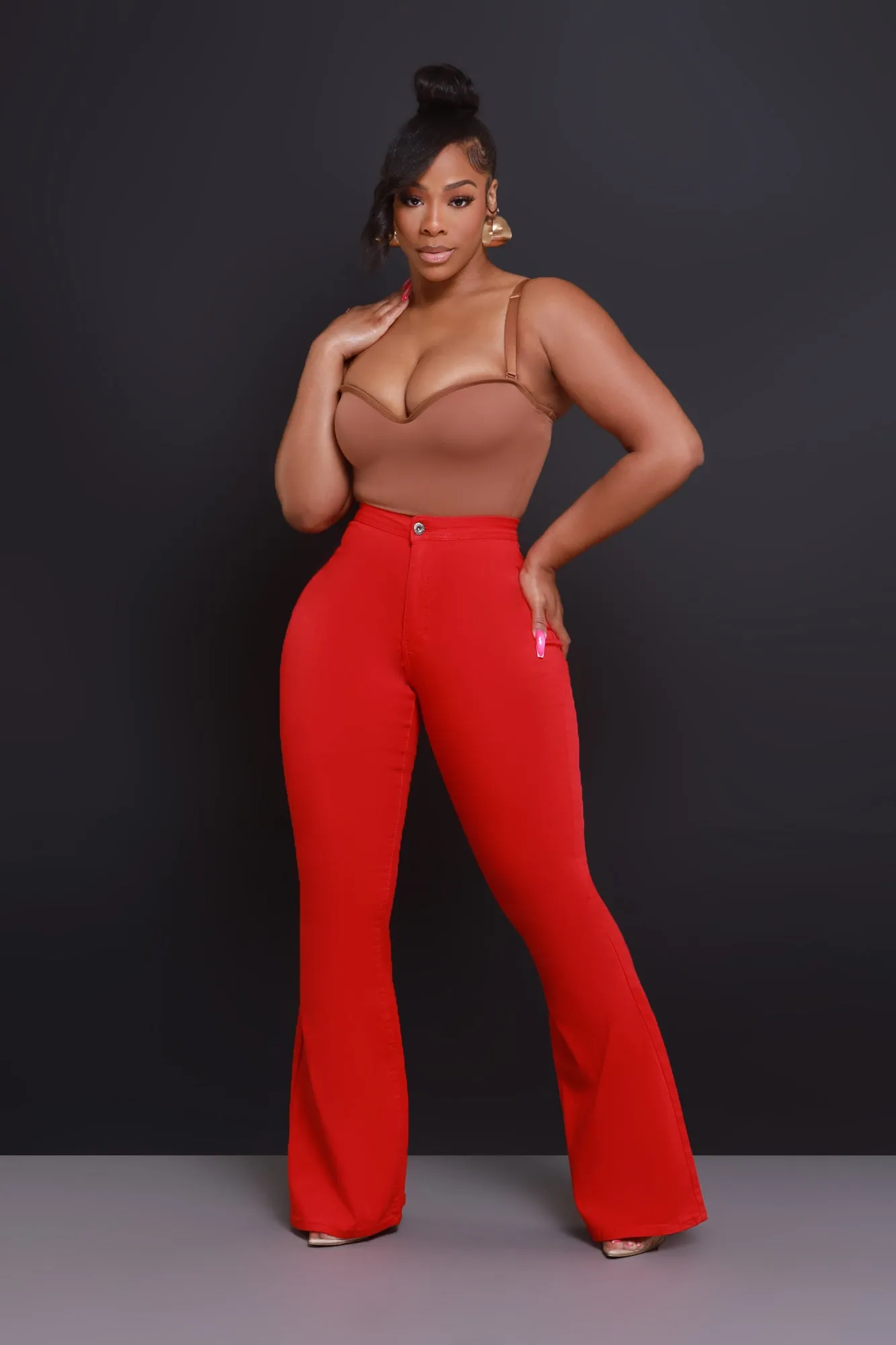 Super Swank High Rise Flare Stretchy Jeans - Red