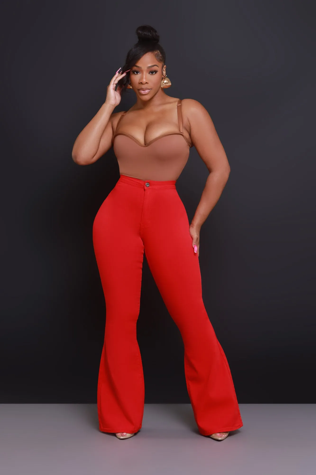 Super Swank High Rise Flare Stretchy Jeans - Red