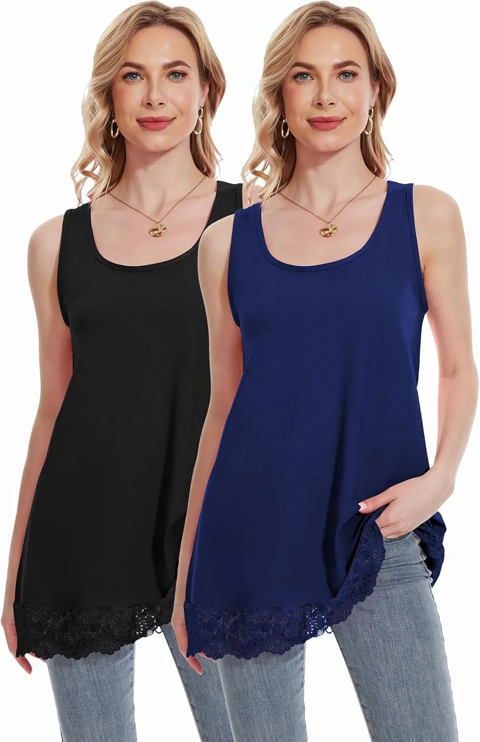 TAIPOVE Lace Camisole Tops for Women for Under Clothes Cotton Long Tank Shirt Extender Layering Sleeveless Tunic 2PKS
