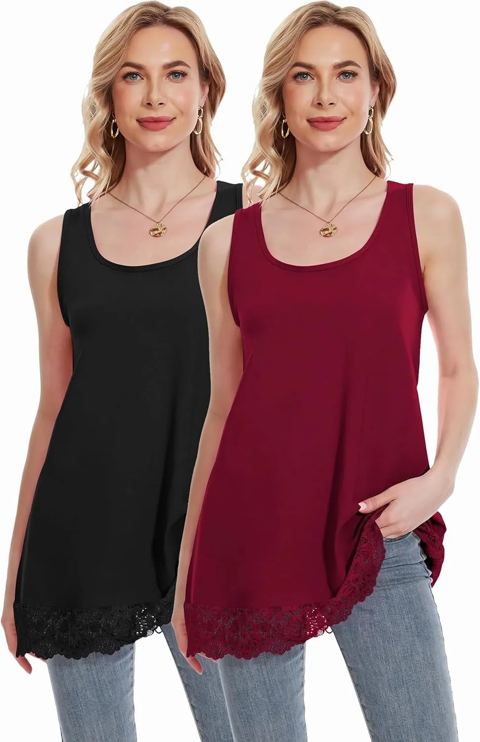 TAIPOVE Lace Camisole Tops for Women for Under Clothes Cotton Long Tank Shirt Extender Layering Sleeveless Tunic 2PKS