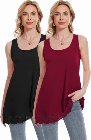 TAIPOVE Lace Camisole Tops for Women for Under Clothes Cotton Long Tank Shirt Extender Layering Sleeveless Tunic 2PKS