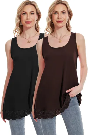 TAIPOVE Lace Camisole Tops for Women for Under Clothes Cotton Long Tank Shirt Extender Layering Sleeveless Tunic 2PKS