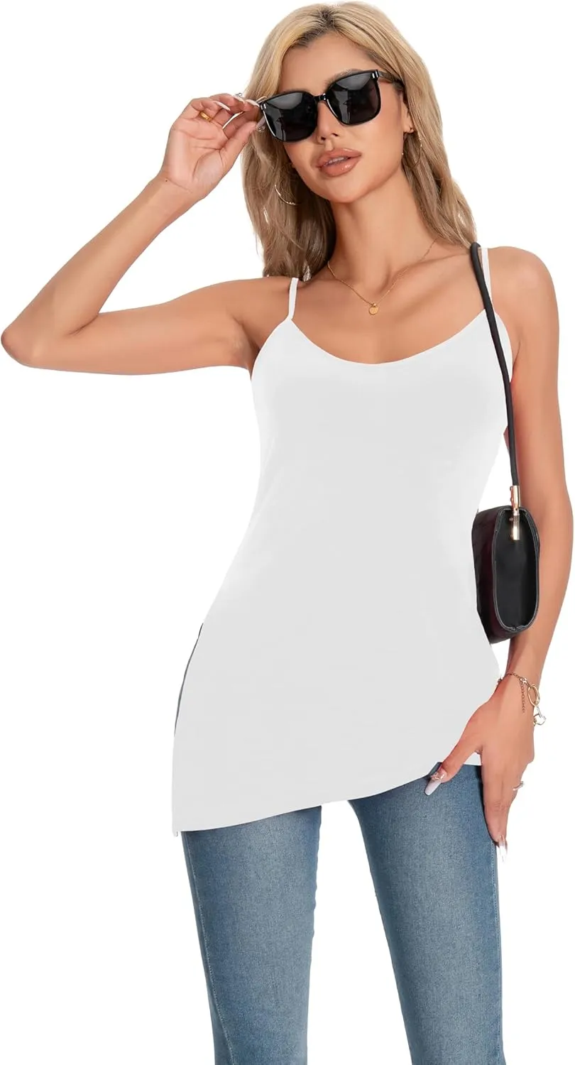 TAIPOVE Pima Cotton Asymmetrical Camisole Tops for Women Adjustable Spaghetti Strap Tops Side Slit Extra Long Tanks