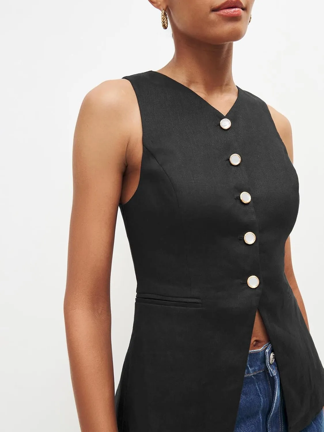 Tankaneo Womens Summer Suit Vest Tops Fashion Casual Sleeveless Blazers Split Hem Button Down Linen Work Waistcoat