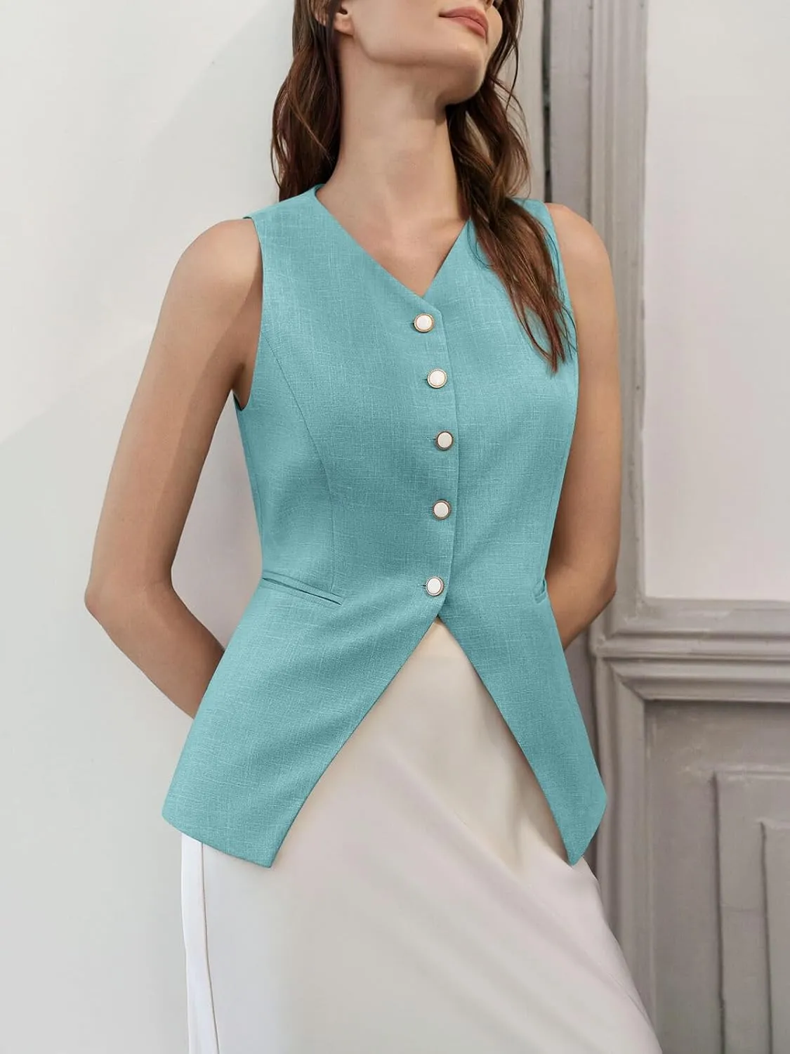 Tankaneo Womens Summer Suit Vest Tops Fashion Casual Sleeveless Blazers Split Hem Button Down Linen Work Waistcoat