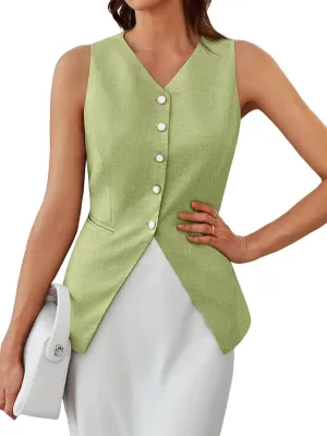Tankaneo Womens Summer Suit Vest Tops Fashion Casual Sleeveless Blazers Split Hem Button Down Linen Work Waistcoat