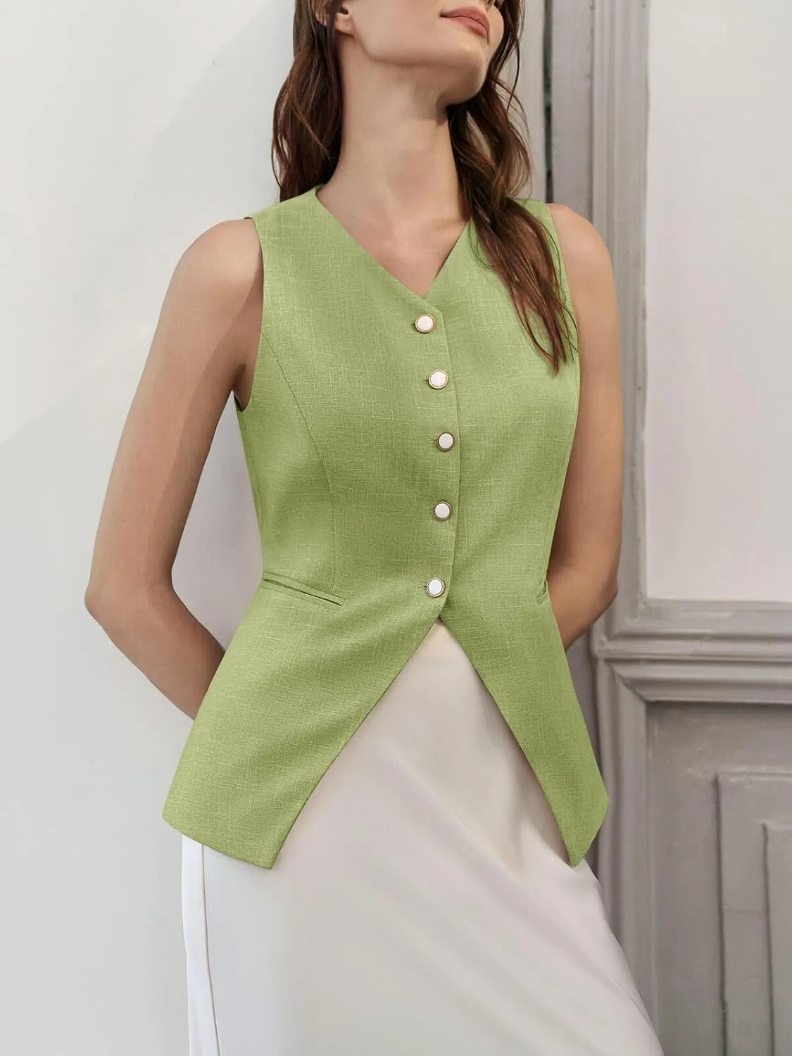 Tankaneo Womens Summer Suit Vest Tops Fashion Casual Sleeveless Blazers Split Hem Button Down Linen Work Waistcoat