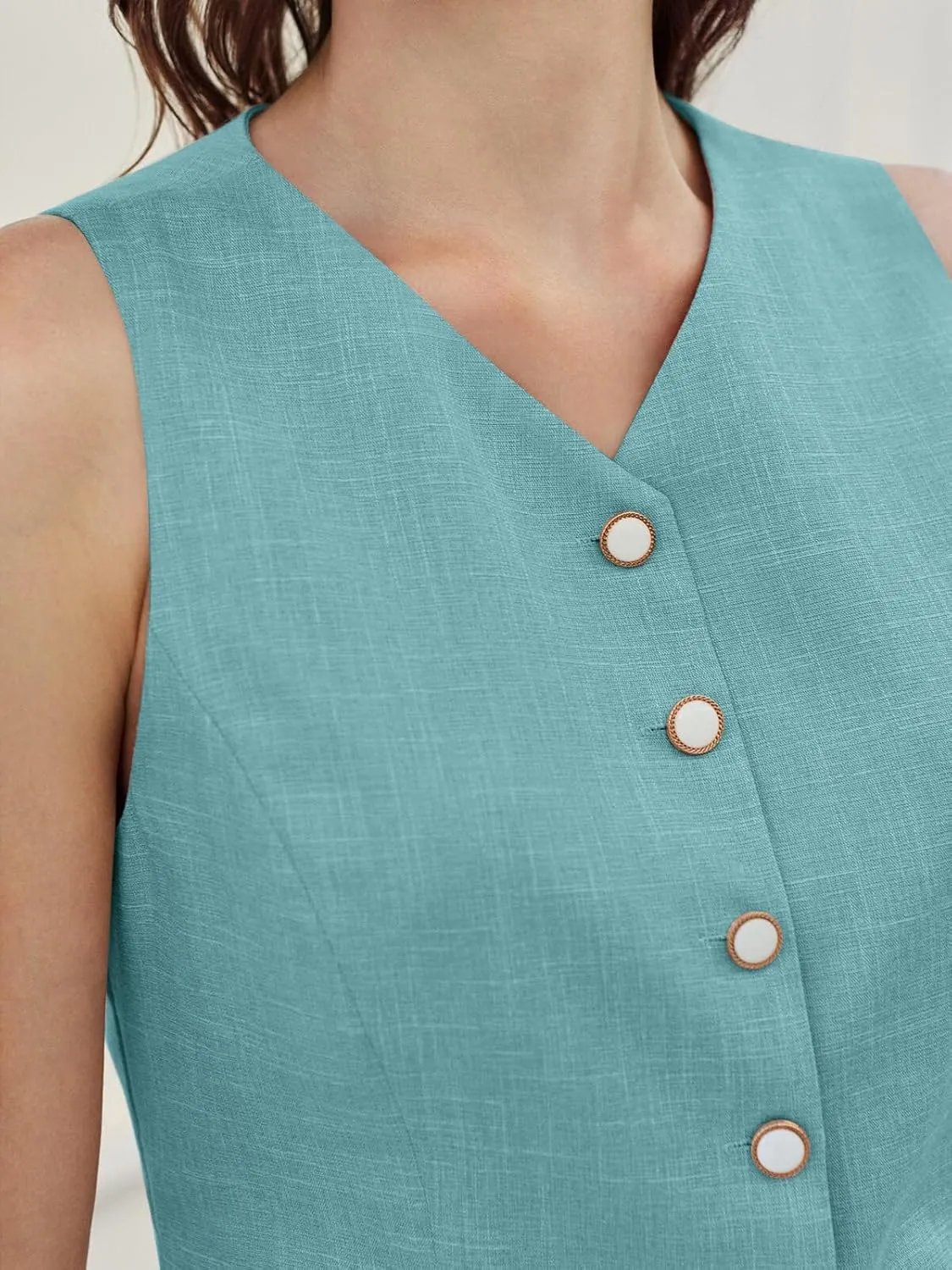 Tankaneo Womens Summer Suit Vest Tops Fashion Casual Sleeveless Blazers Split Hem Button Down Linen Work Waistcoat